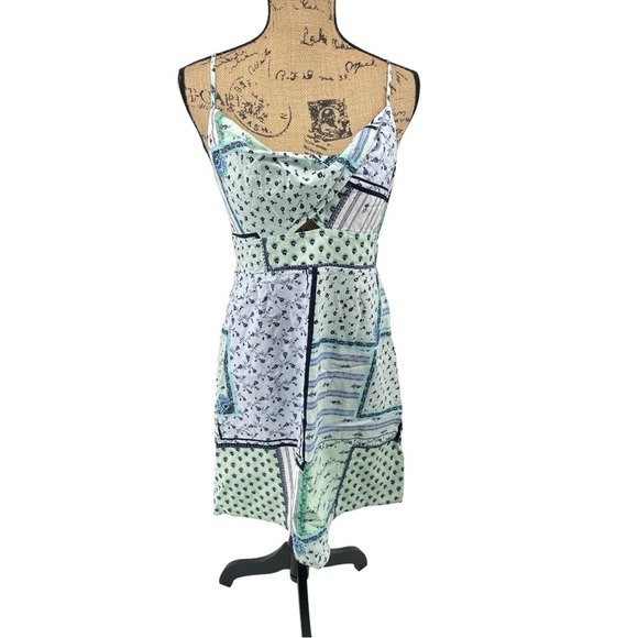 LOFT PETITE Patchwork Spaghetti Strap Twist Cutout Cami Dress Short Mini Sz 10 - Picture 3 of 13